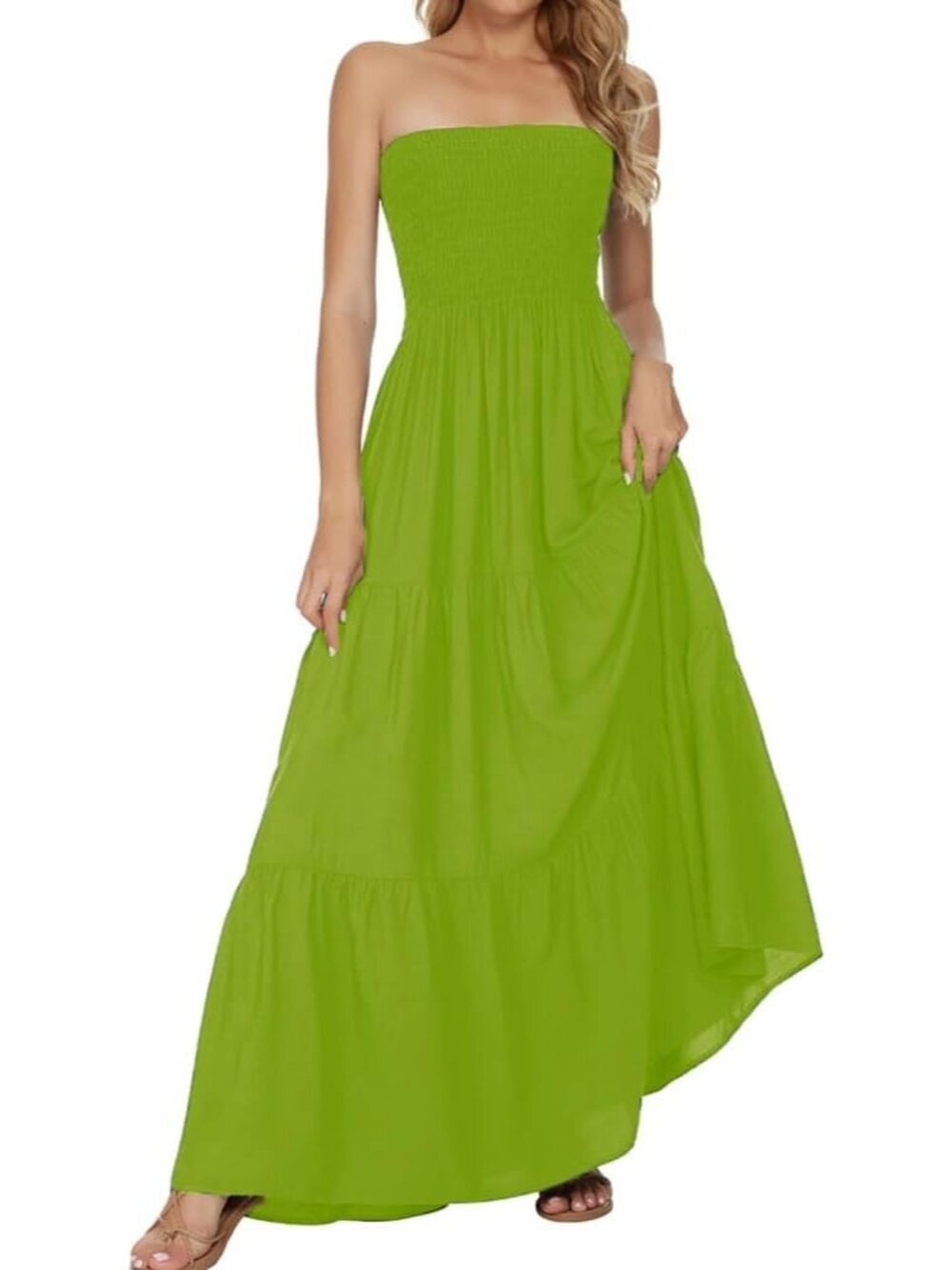 Women's Apple Green Stylish Tube Top Off Shoulder Boho Beach Long Maxi Dress - Picture 2 of 4